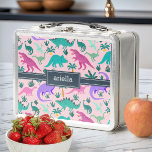 Pink   Cute Colourful Dinosaur Pattern Kids Name Metal Lunch Box