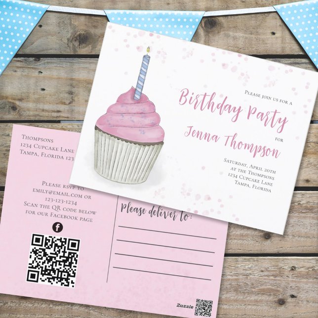 Pink Cute Cupcake QR Code Social Media Whimsical Postcard (Creator Uploaded)