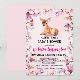 Pink Cute deer fawn wild flowers baby shower kids Invitation