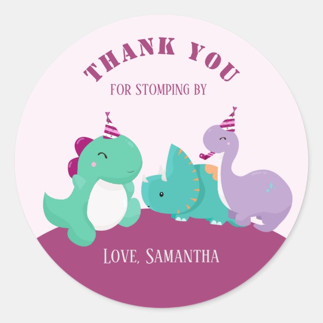 Pink Cute Dinosaurs Birthday Thank You Favour Classic Round Sticker (Front)