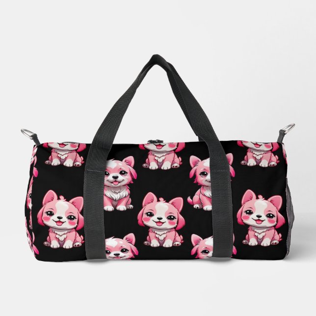 Pink Cute Dogs - Black  Duffle Bag (Front)