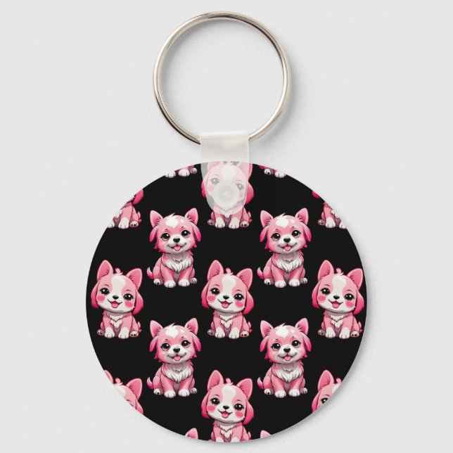 Pink Cute Dogs - Black  Keychain (Front)