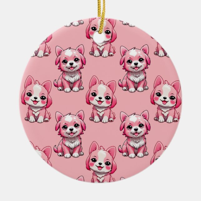 Pink Cute Dogs Ceramic Ornament (Front)
