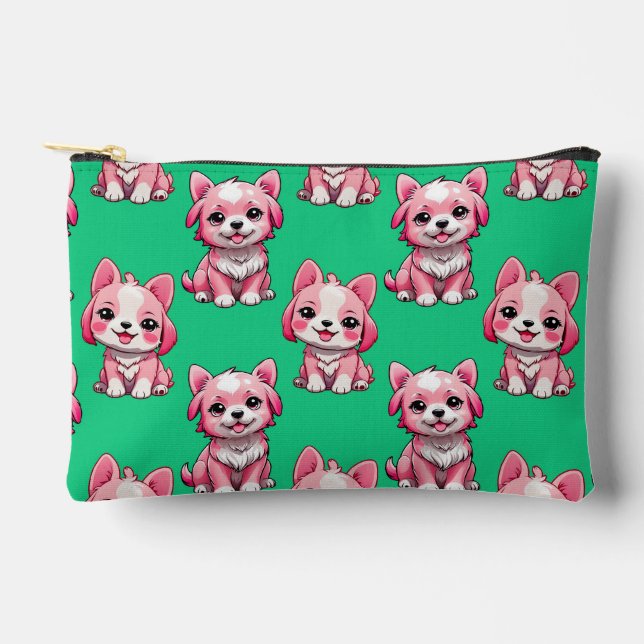 Pink Cute Dogs - Green  Accessory Pouch (Front)