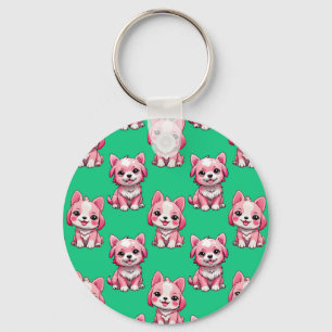 Pink Cute Dogs - Green Keychain
