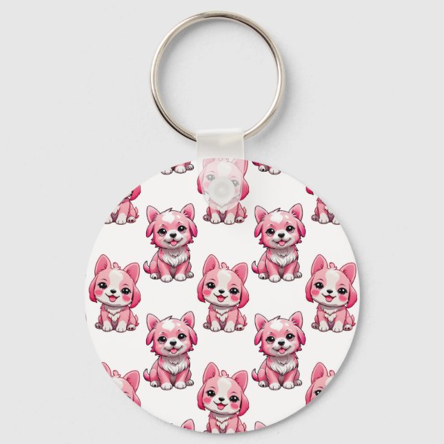 Pink Cute Dogs - White  Keychain (Front)
