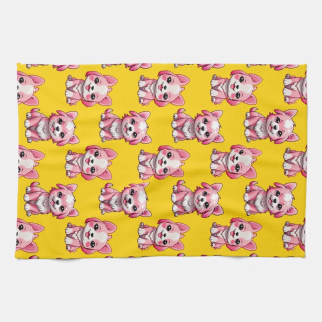Pink Cute Dogs - Yellow  Kitchen Towel (Horizontal)