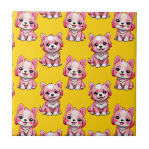 Pink Cute Dogs - Yellow Tile