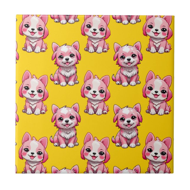 Pink Cute Dogs - Yellow  Tile (Front)