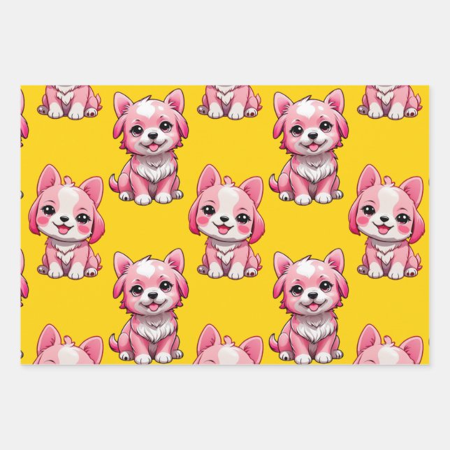 Pink Cute Dogs - Yellow  Wrapping Paper Sheet (Front)