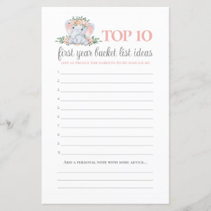 Pink Cute Elephant Bucket List Baby Shower Game
