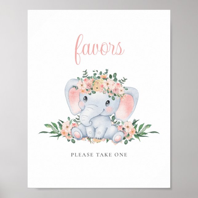 Pink Cute Elephant Girl Baby Shower Favours Sign (Front)