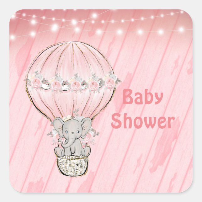 Pink Cute Elephant Hot Air Balloon Baby Shower  Square Sticker (Front)