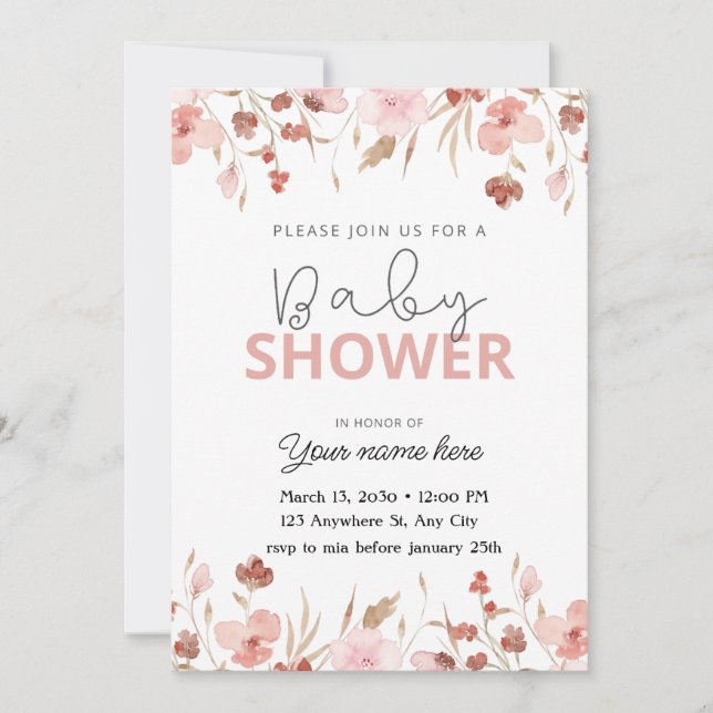 Pink cute floral baby shower invitations girl (Front)
