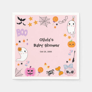 Pink Cute Ghost Little Boo Halloween Baby Shower Napkin