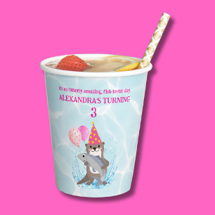 Pink Cute Girl Sea Otter Birthday Party Paper Cups