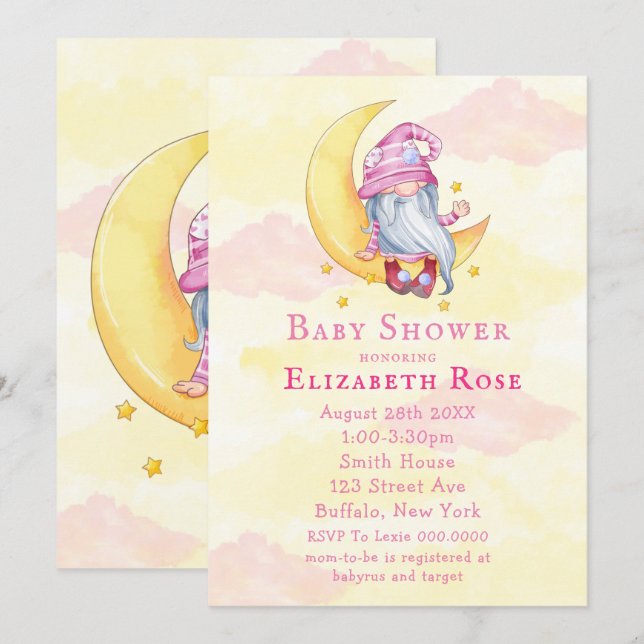 Pink Cute Gnome Moon Cloud Baby Shower Invitations (Front/Back)
