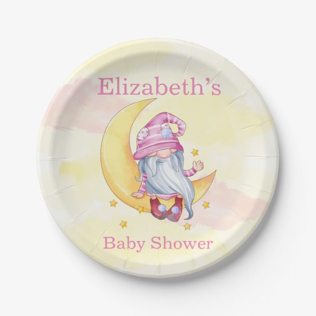 Pink Cute Gnome Moon Clouds Baby Shower Paper Plate (Front)