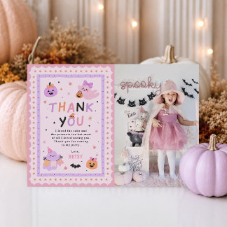 Pink Cute Halloween Ghost Birthday Photo Thank You Card