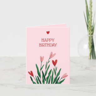 Pink cute heart flowers happy birthday holiday card