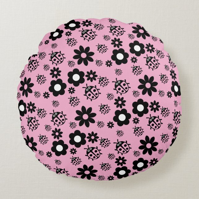 Pink Cute Ladybug Kids Round Pillow (Front)