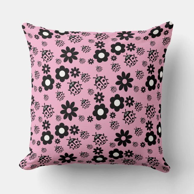 Pink Cute Ladybug Kids Throw Pillow (Front)