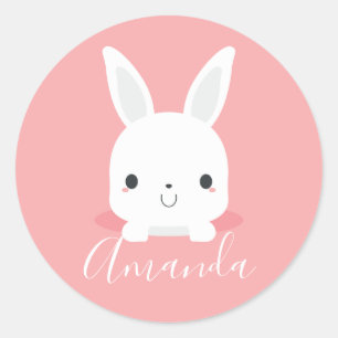 Pink Cute Little Bunny Rabbit with Custom Name Classic Round Sticker