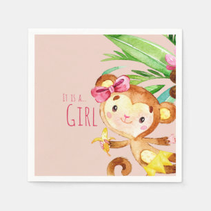 Pink Cute Monkey Baby Girl Announcement  Napkin