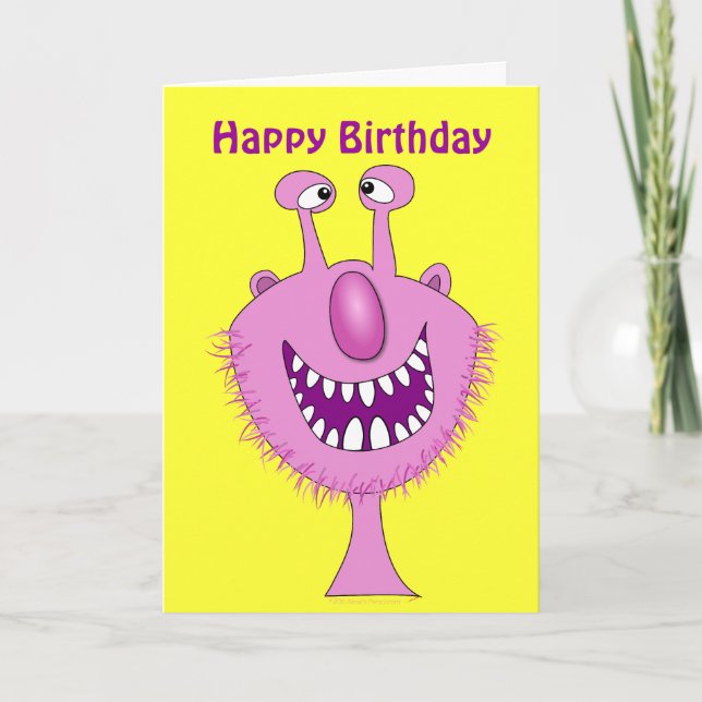 Pink Cute Monster Happy Birthday Custom Card (Front)