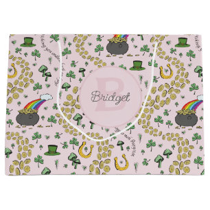 Pink Cute n' Curvy Shamrocks Baby Name St Patricks Large Gift Bag