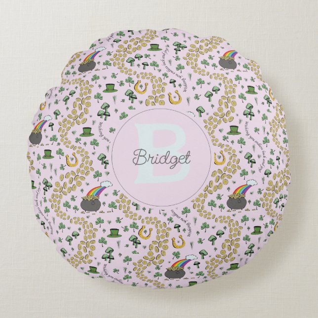 Pink Cute n' Curvy Shamrocks Baby Name St Patricks Round Pillow (Front)