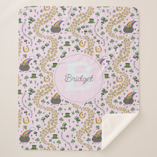 Pink Cute n' Curvy Shamrocks Baby Name St Patricks Sherpa Blanket (Front)