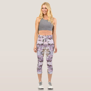Pink cute orchid flowers and butterfly drawing  capri leggings