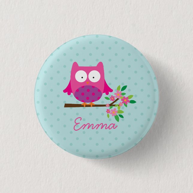 Pink Cute Owl Personalized Button (Front)