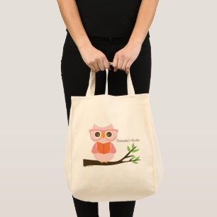 Pink Cute Owl Reading Tote Bag