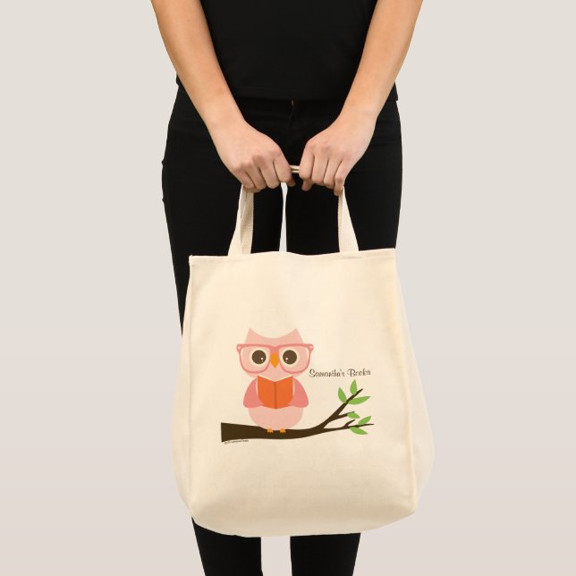 Pink Cute Owl Reading Tote Bag (Front (Product))