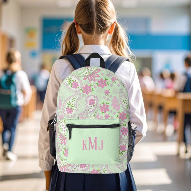 Pink Cute Paisley Monogram Personalized Printed Backpack (Cute green paisley print backpack)