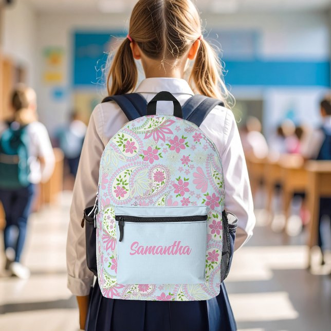 Pink Cute Paisley Pattern Blue Personalized Printed Backpack (Pink and blue paisley pattern backpack.)