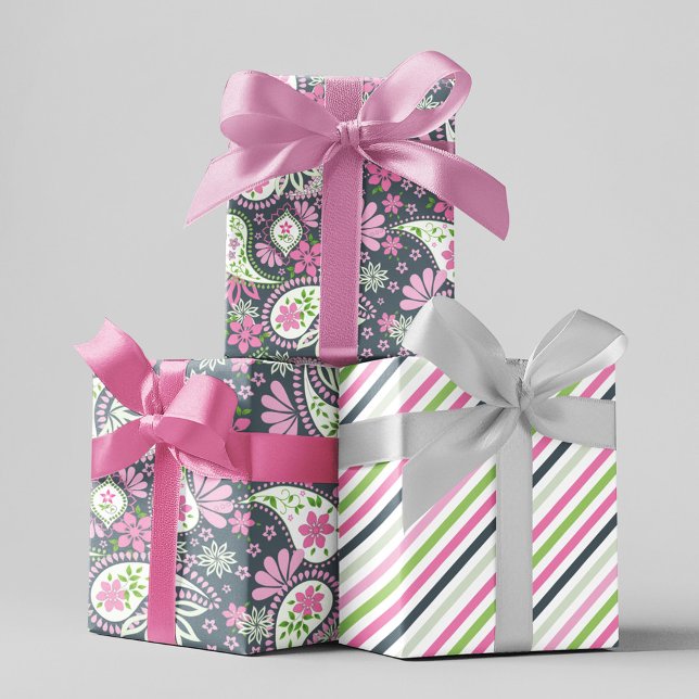 Pink Cute Paisley Print Modern Pattern Wrapping Paper Sheet (Cute grey paisley print wrapping paper set)
