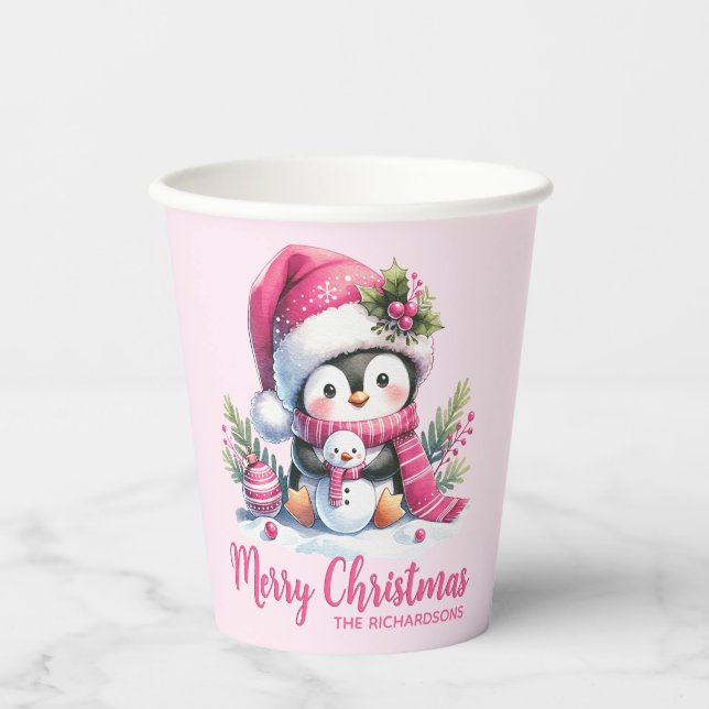 Pink Cute Penguin Custom Name Merry Christmas Paper Cups (Front)