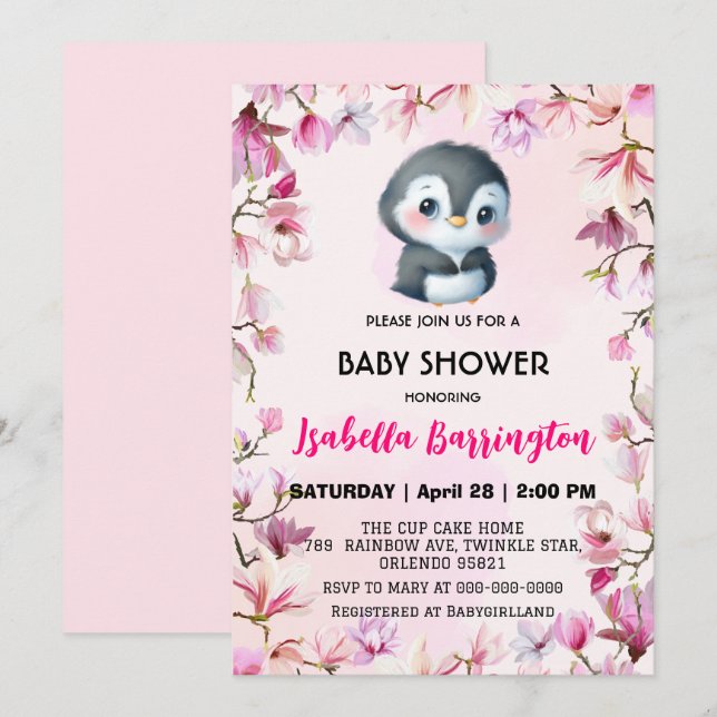 Pink Cute penguin sweet flower baby shower kids Invitation (Front/Back)