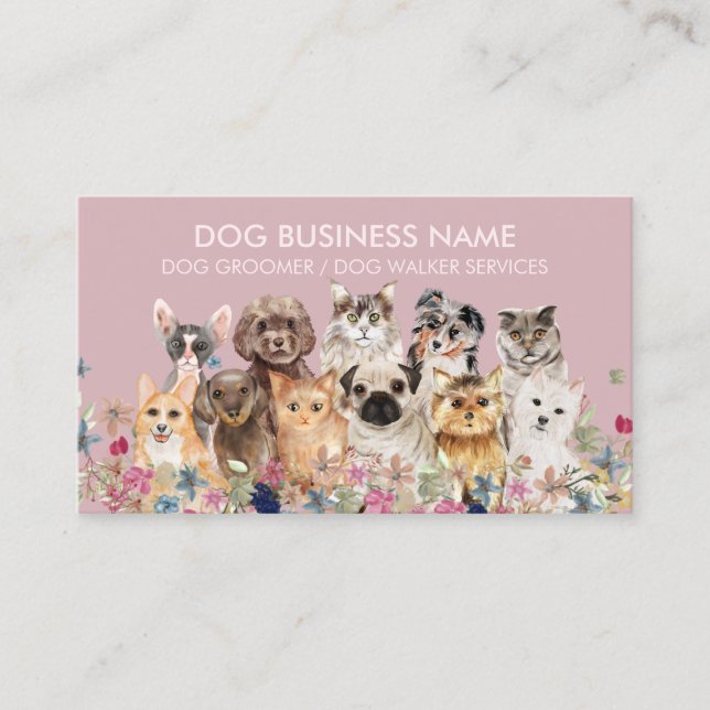Pink Cute Pets Dogs Cats Breeds Business Card (Front)