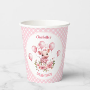 Pink Cute Piggy Farm Girl 1st Birthday Paper Cups