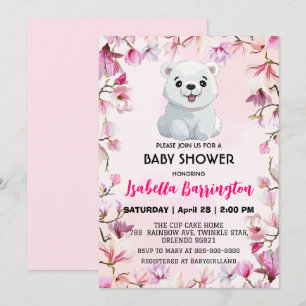 Pink Cute Polar Bear wild flowers baby shower kids Invitation