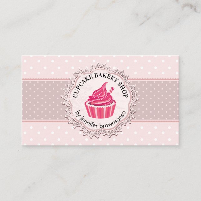 Pink Cute Polka Dots Cupcake Business Card (Front)