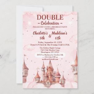  Pink Cute Princess Castle Joint Birthday Invitation