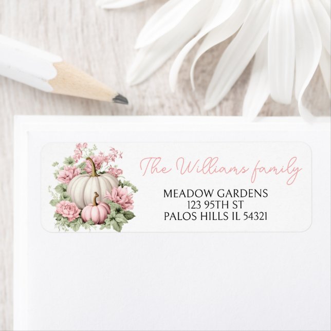 Pink cute pumpkin baby girl shower return address (Insitu)