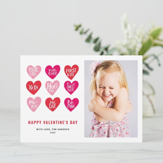 Pink Cute Quotes on Hearts Valentine's Day Photo Holiday Card (Standing Front)
