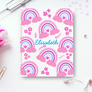 Pink Cute Rainbow Flowers Personalized Girl Name Notebook