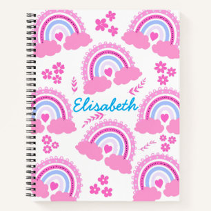 Pink Cute Rainbow Flowers Personalized Girl Name Notebook